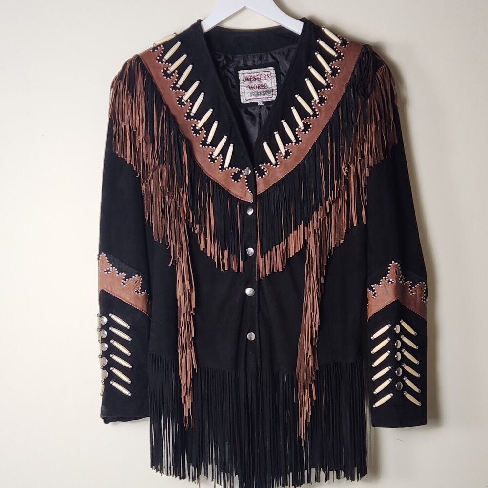Vintage Western World By Shaf Black Suede & Leather Jacket Fringe Bone Beads XL